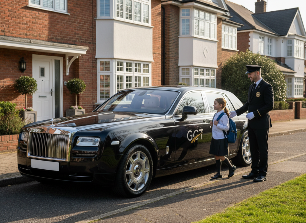 School Run Taxis firefly gemini flash a gct branded luxury black car arriving for the morning school pickup. a dbs checked 549924